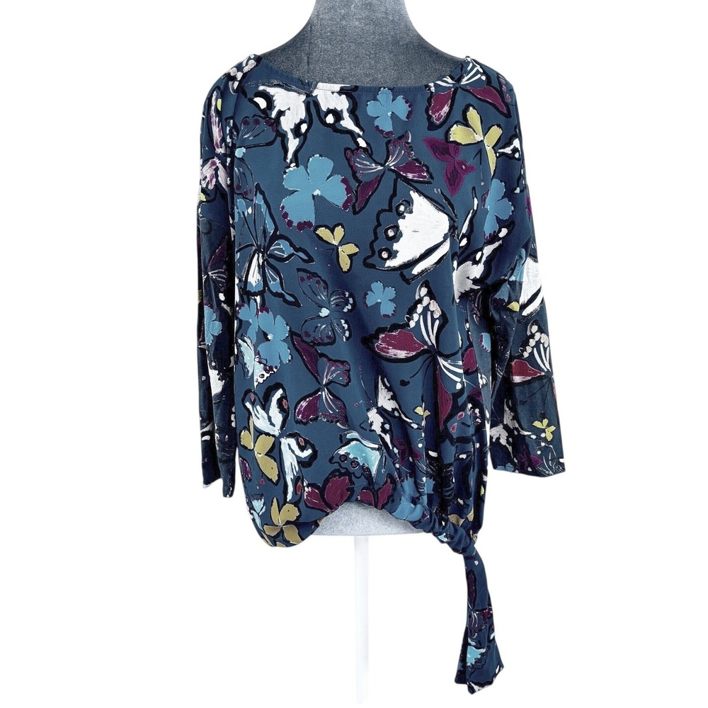 Weston Anthropologie Style Teal Blue Butterfly Print Side Tie 3/4 Sleeve Top L